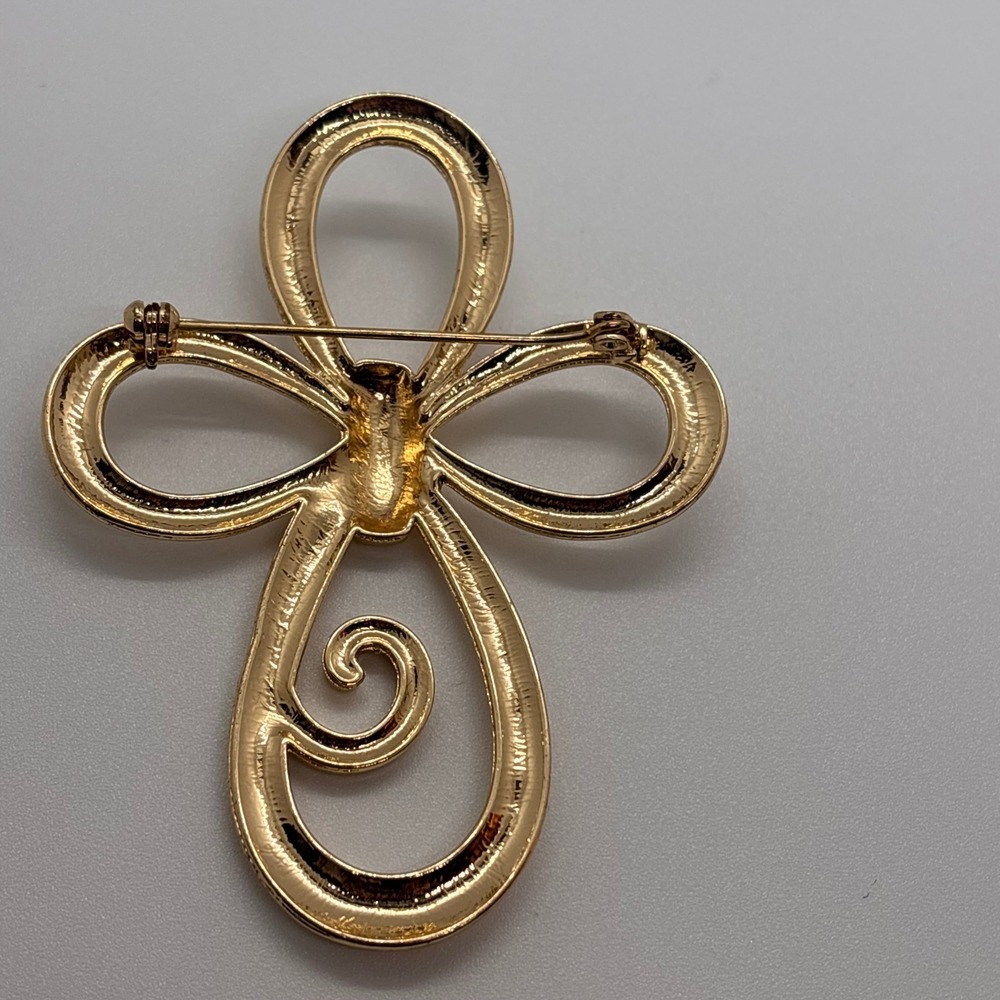 Vintage Gold Tone Cross Brooch Large Sculptural Ribbon Designer Pin - Picture 7 of 9